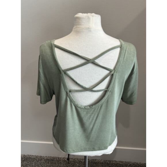 American Eagle Soft & Sexy Green Crop Tee Top Open Criss Cross Strap Back Medium - Picture 5 of 10